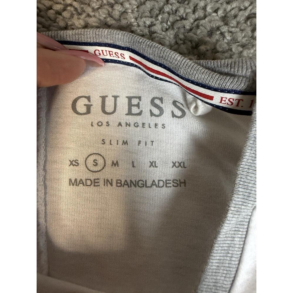 GUESS Shirt Mens S White Ringer Triangle Logo Crew Neck Cotton Modal Slim Fit - Picture 3 of 10